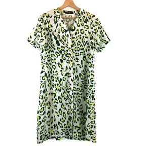 Kourt Kismet Anthropologie White Green Leopard Lightweight Knee Length Dress M
